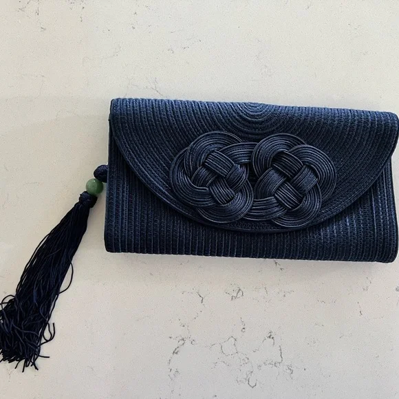 Shanghai Tang Chinese Knot Tassel Clutch Navy